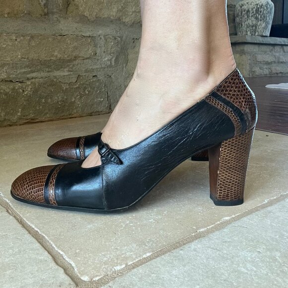 DAVIDS Vintage Black and Brown Mary Jane Heeled Shoes Size 39 Excellent - Picture 2 of 15